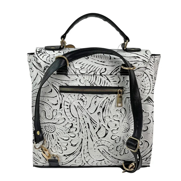 LEATHER White & Black BACKPACK Embossed Tooled Artisan Shoulder Bag Purse Hobo - Picture 5 of 16